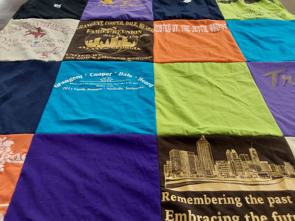 T-shirt quilt with family, reunion themes by Karen from TX