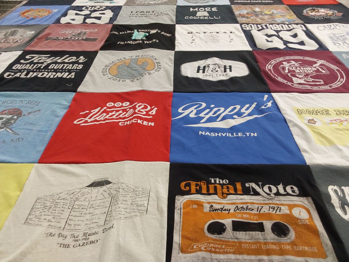 T-shirt quilt with music, cuisine themes by Katherine from MD