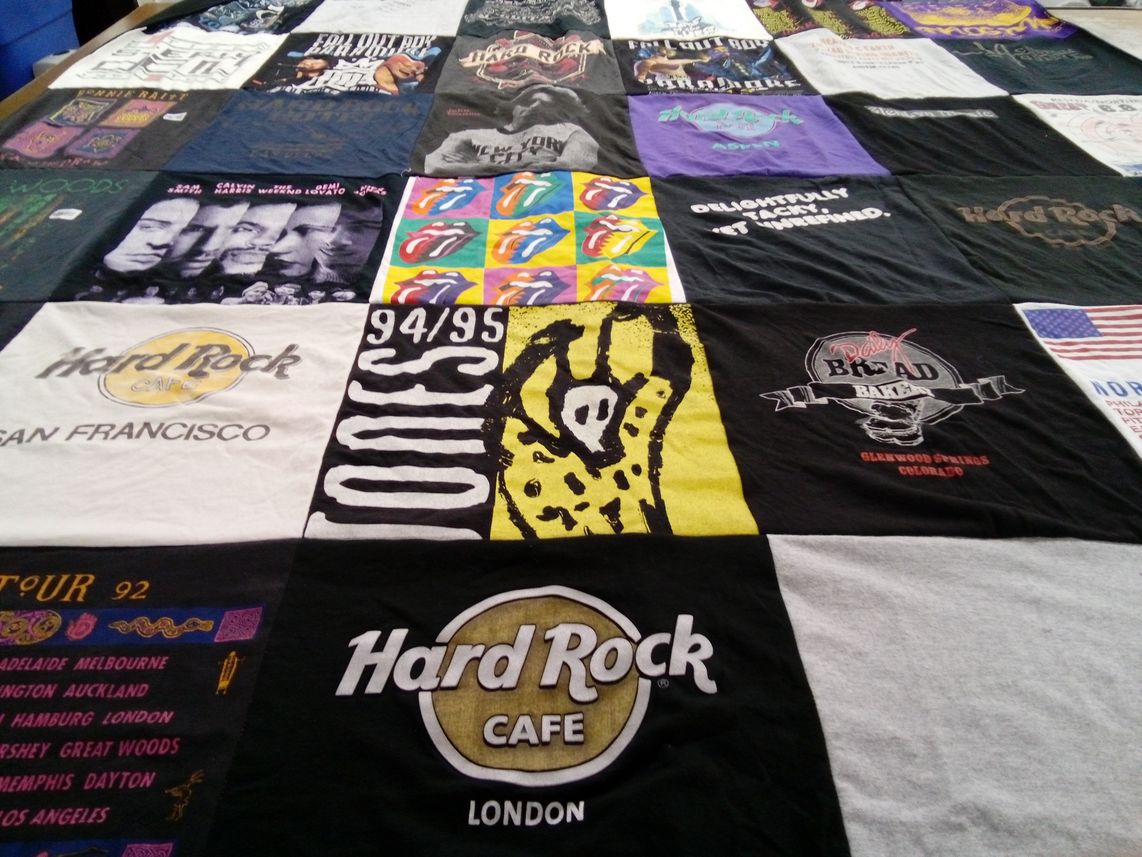 T-shirt quilt with music, rock themes by Lissa from CA