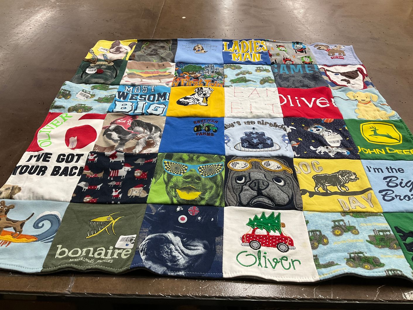 T-shirt quilt with animals, farming themes by Judith from IN