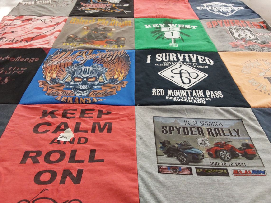 T-shirt quilt with motorcycling, rallies themes by Kathy from AR