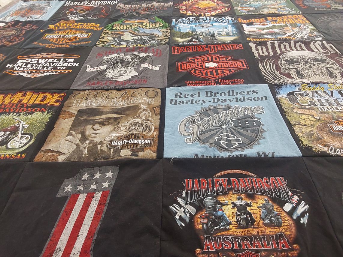 T-shirt quilt with motorcycles, biker culture themes by Kathy from IL