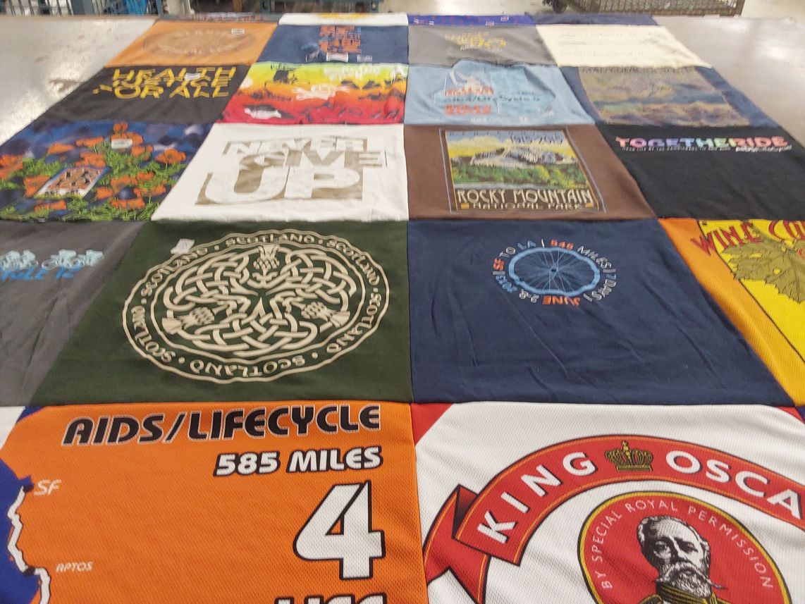 T-shirt quilt with outdoor activities, health awareness themes by Barbara from CA