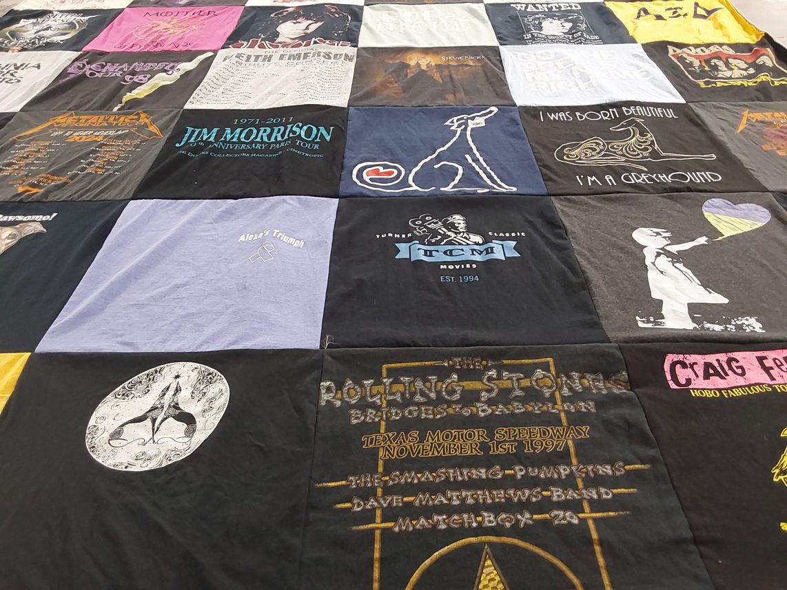 T-shirt quilt with music, dogs themes by Shari from VA