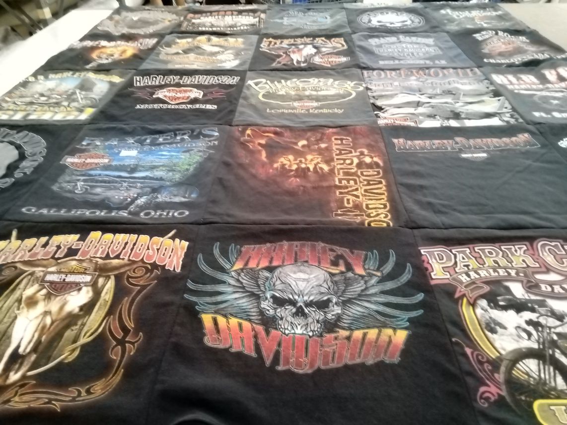 T-shirt quilt with motorcycles, biking themes by Carmen from TX