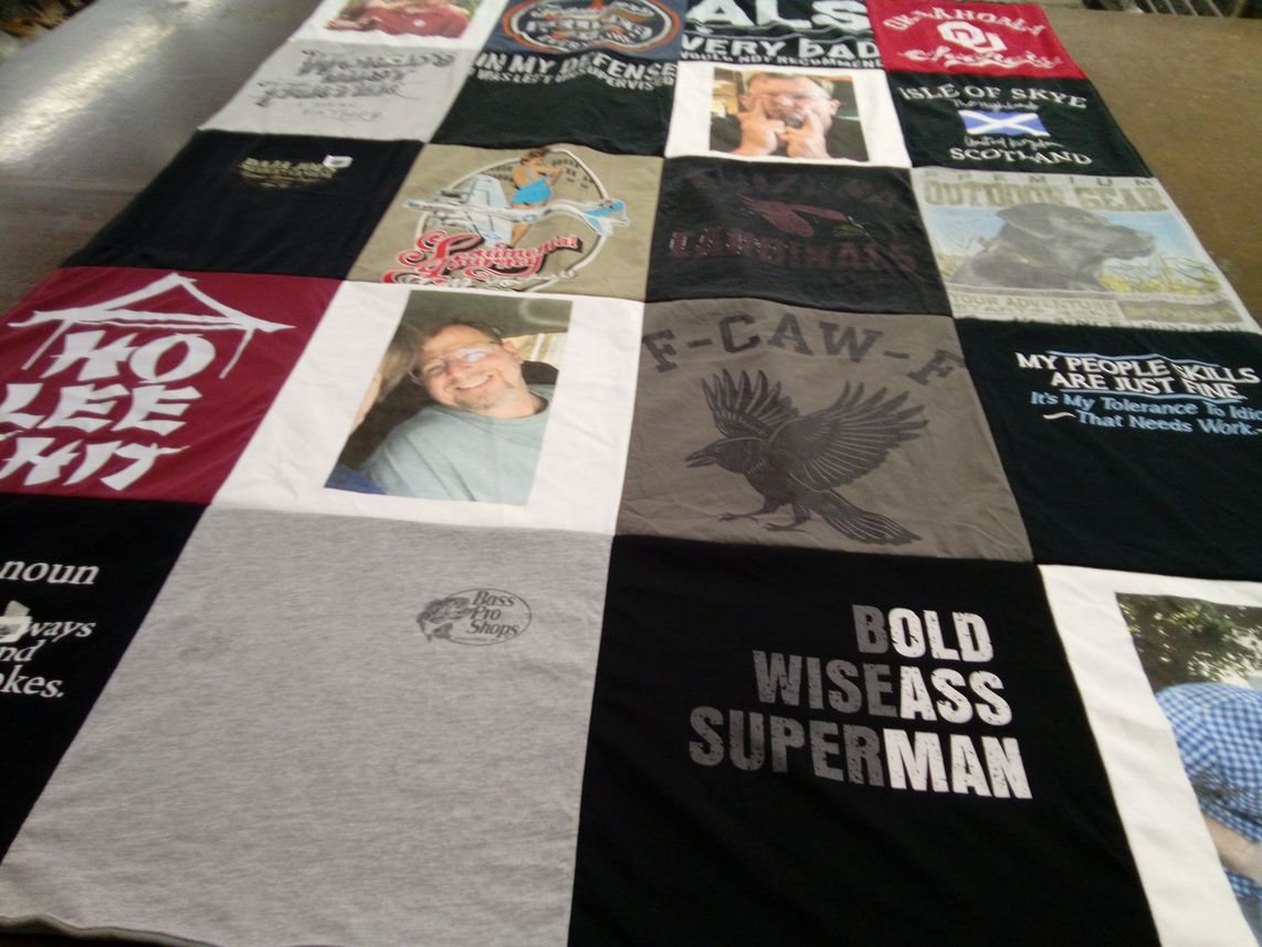 T-shirt quilt with fishing, outdoors themes by Elaine from AZ