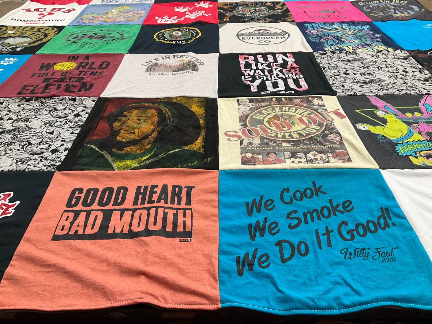 T-shirt quilt with cooking, outdoors themes by Meagan from IL