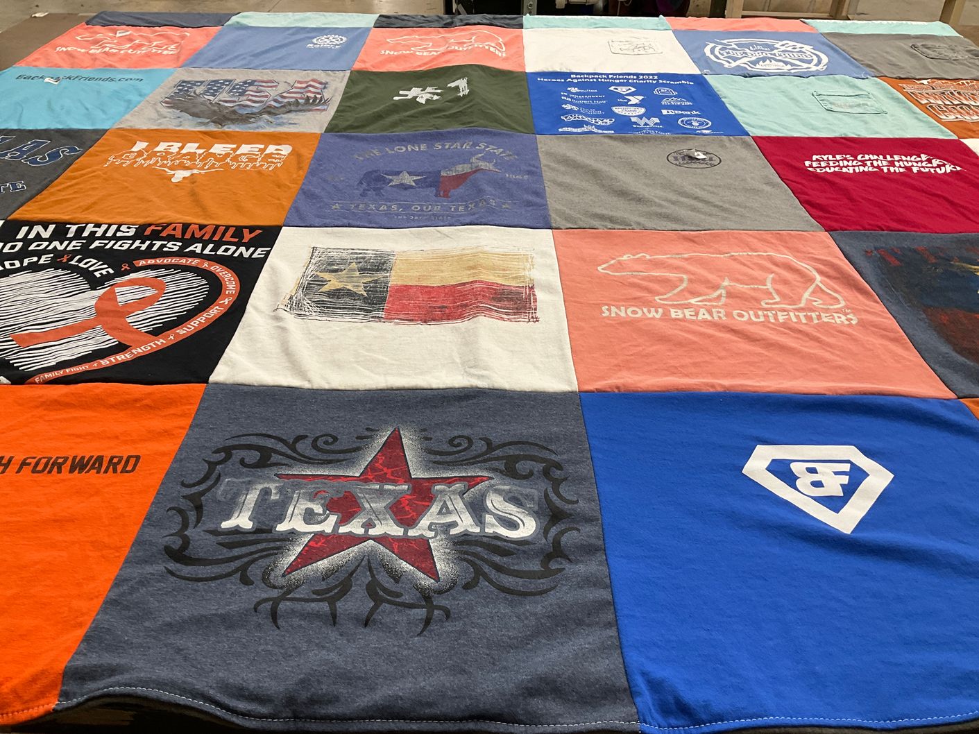 T-shirt quilt with texas culture, outdoor activities themes by Kristi from TX
