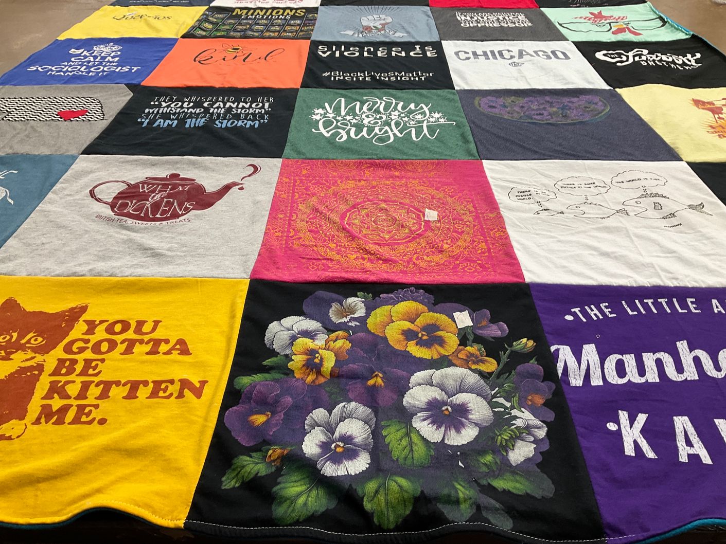 T-shirt quilt with cats, tea themes by Kathryn from TX