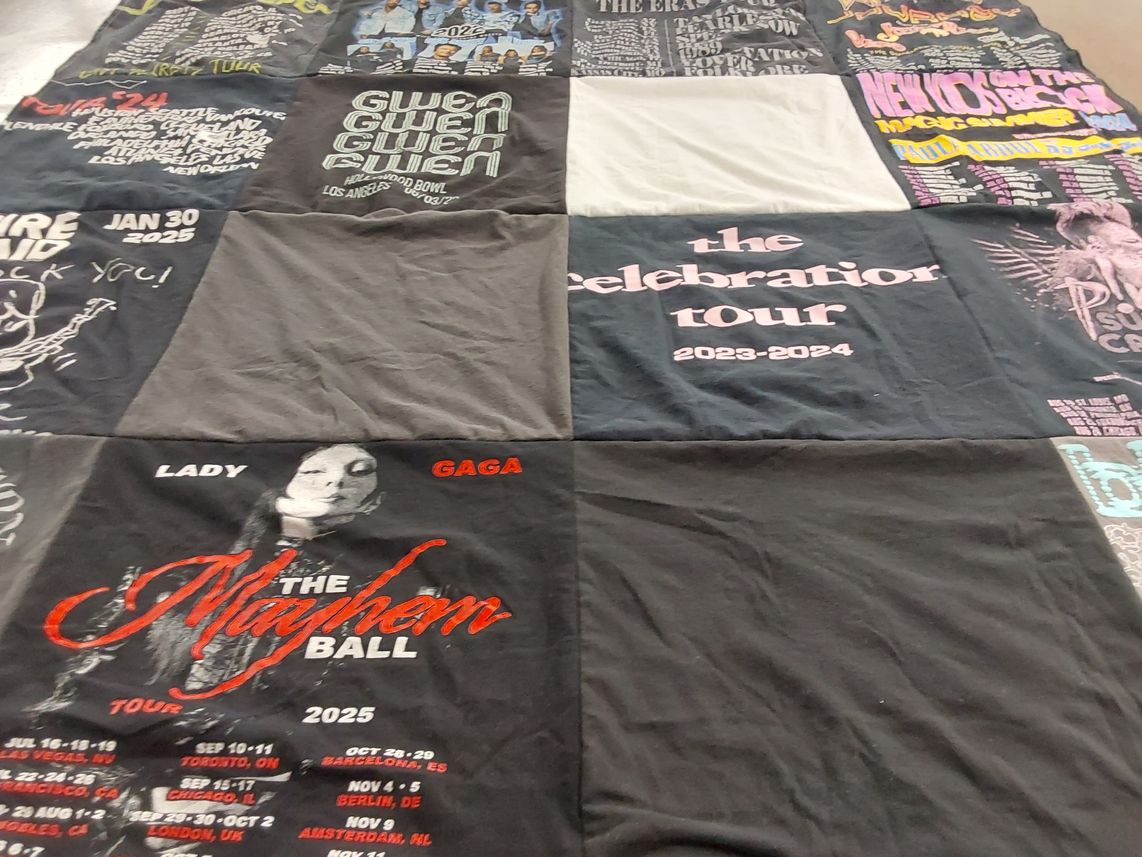 T-shirt quilt with music, concerts themes by Sarah from CA