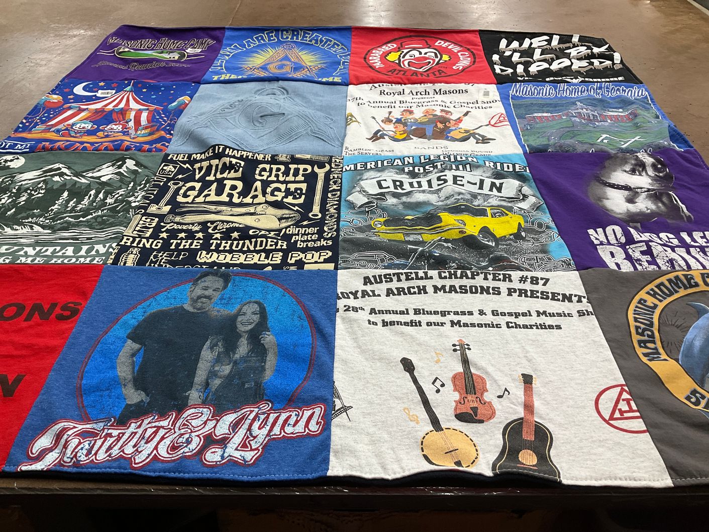 T-shirt quilt with music, charity themes by Rusty from GA