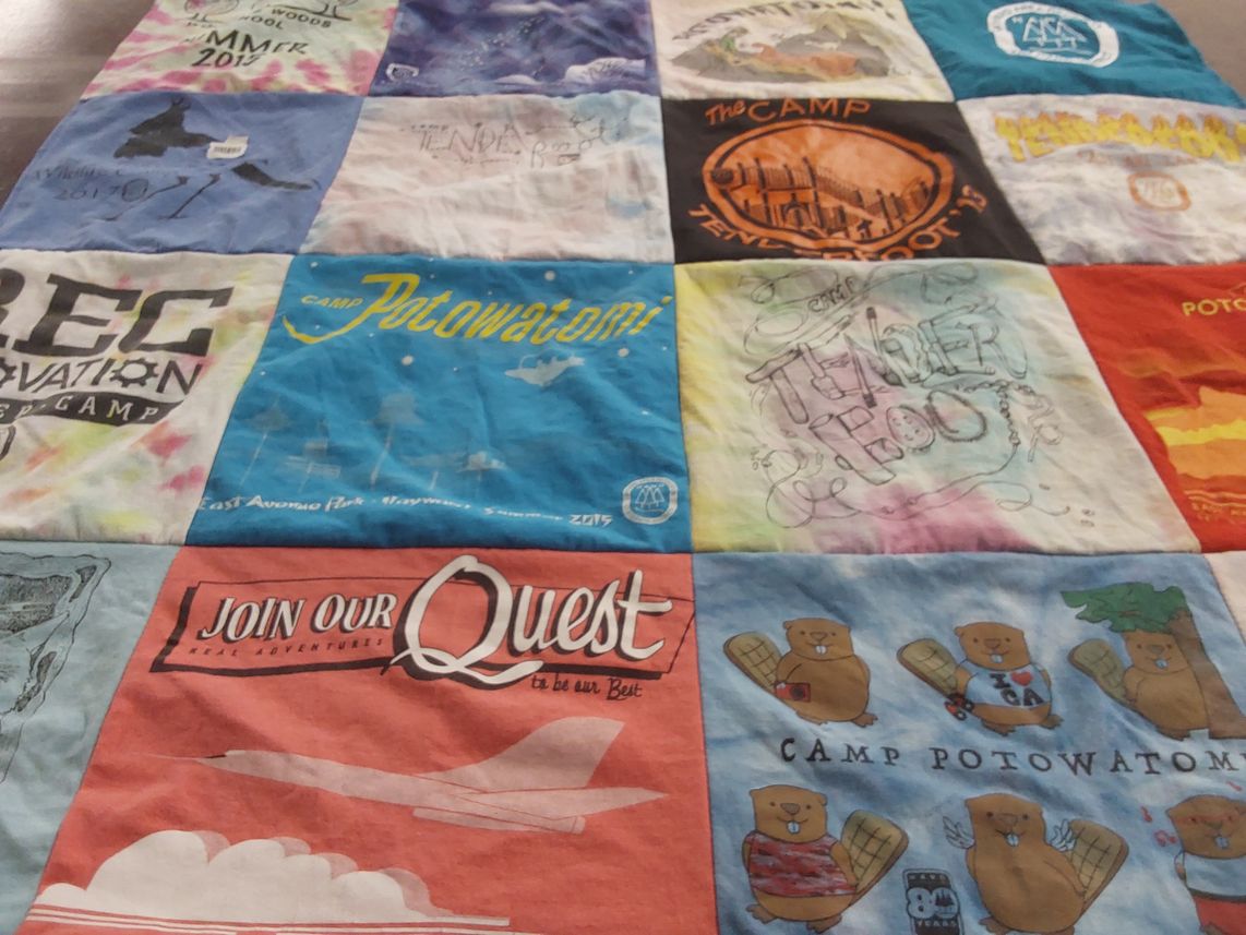 T-shirt quilt with camping, outdoor activities themes by Adairia from CA