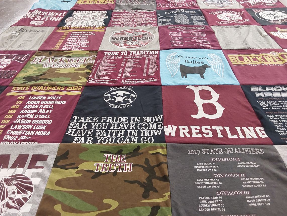T-shirt quilt with wrestling themes by Jayme from OK