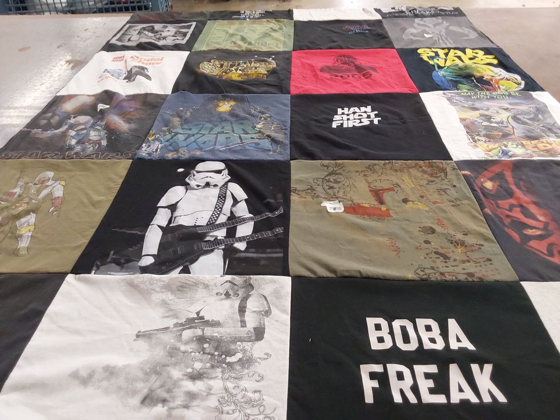 T-shirt quilt with science fiction, movies themes by Leslie from OK