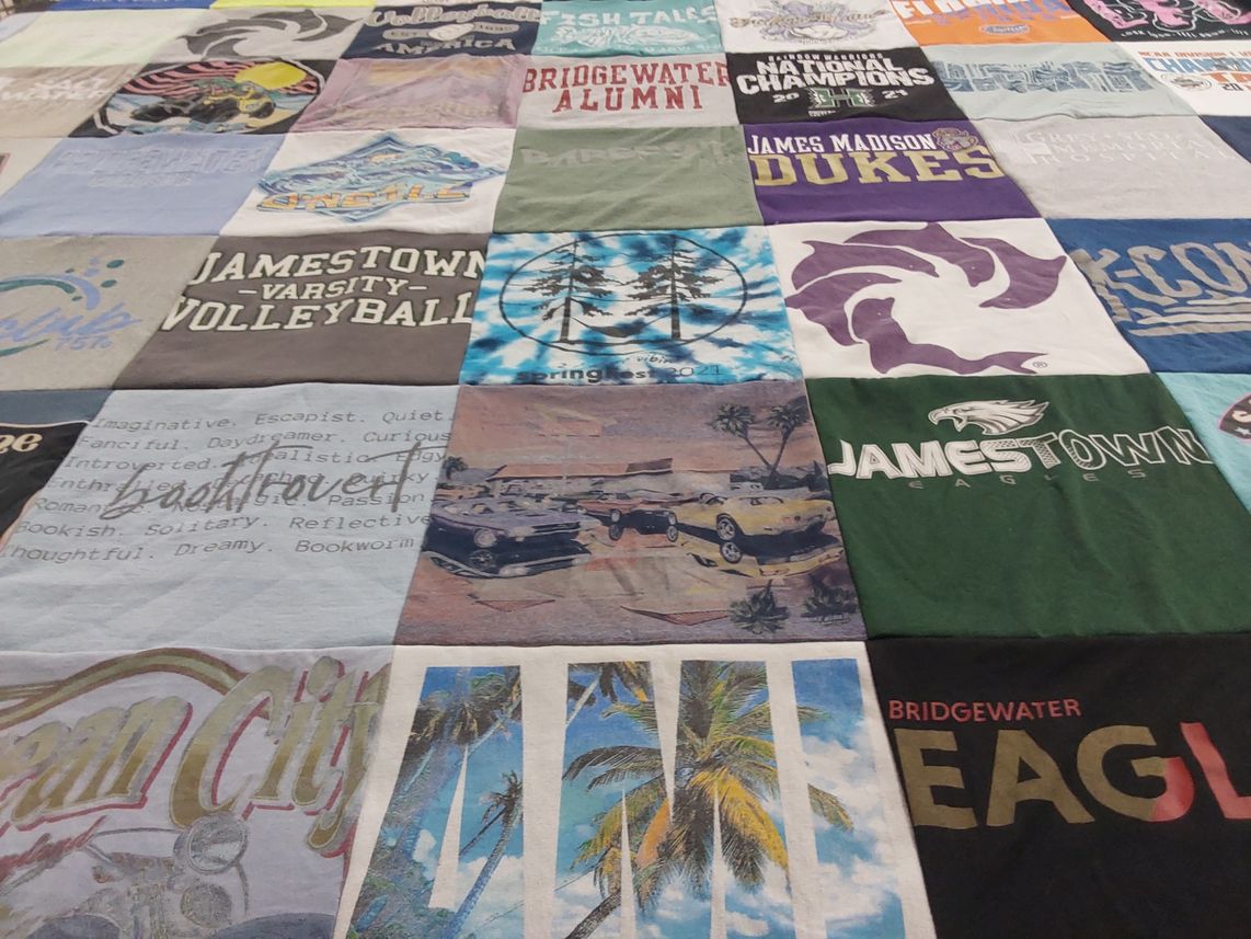 T-shirt quilt featuring jamestown eagles, james madison dukes by Lisa from VA