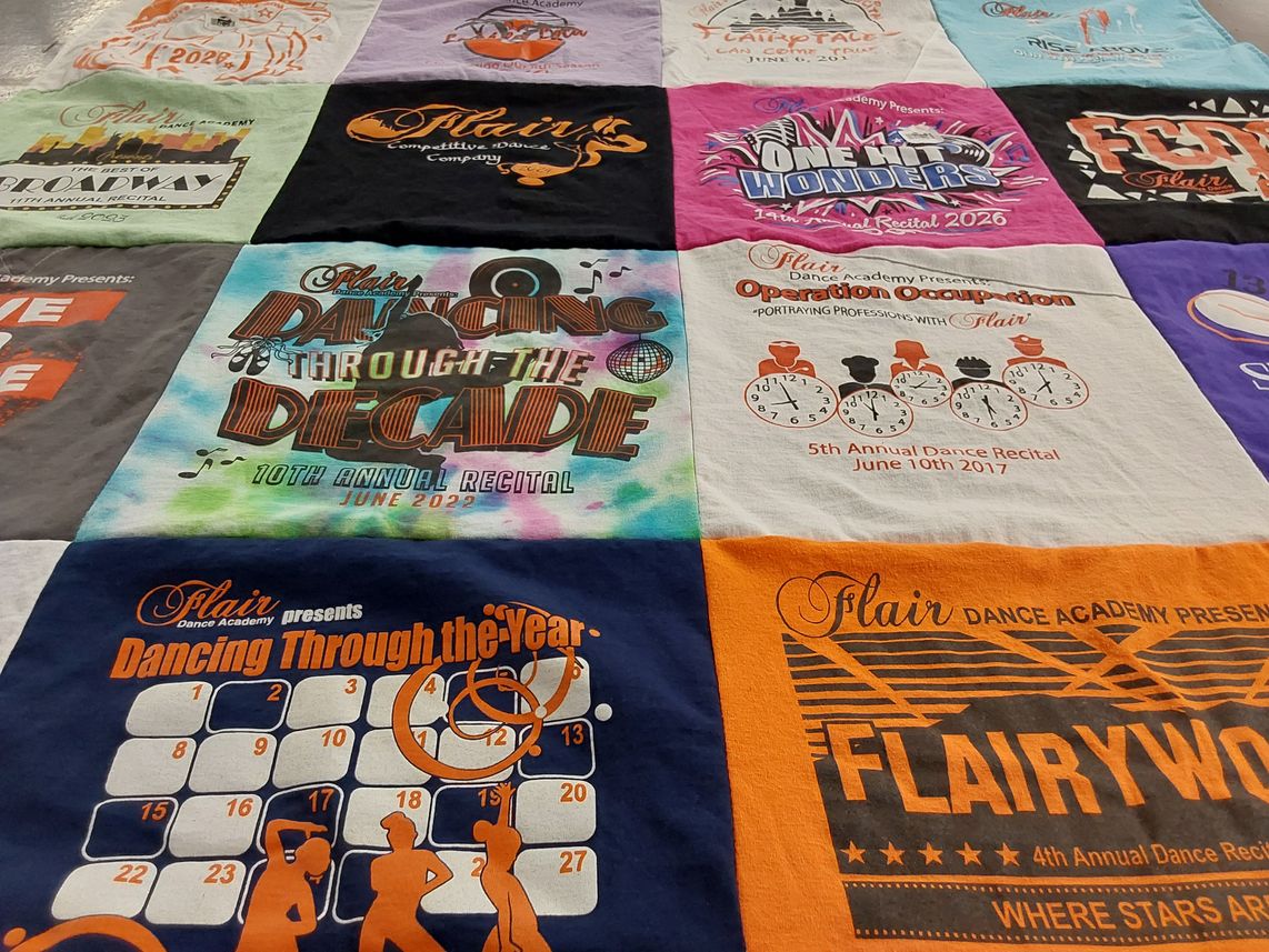T-shirt quilt with dance, performing arts themes by Ela from NJ