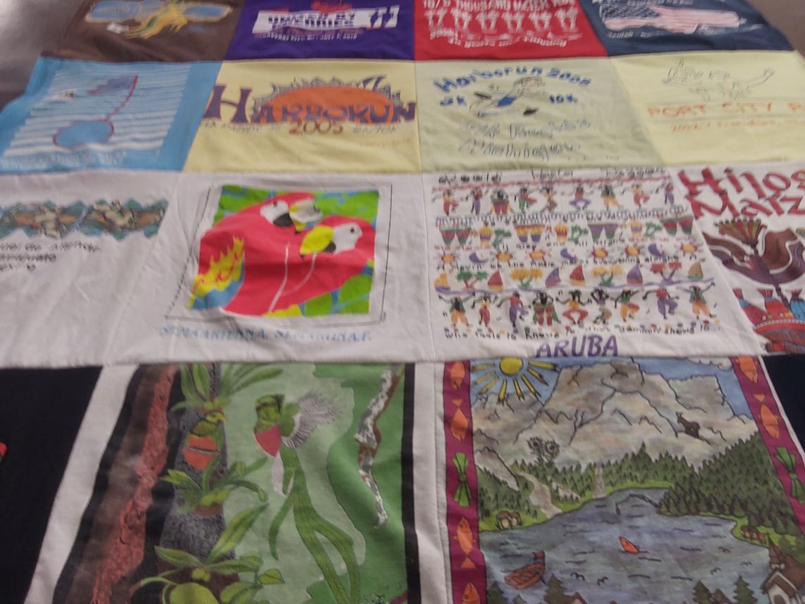 T-shirt quilt with travel, nature themes by LOIS from MI