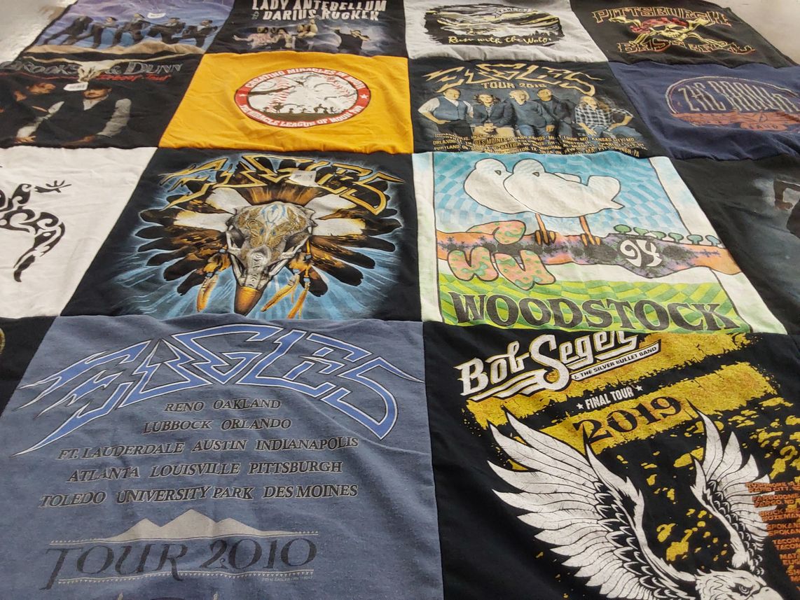 T-shirt quilt with music, concerts themes by Amy from PA