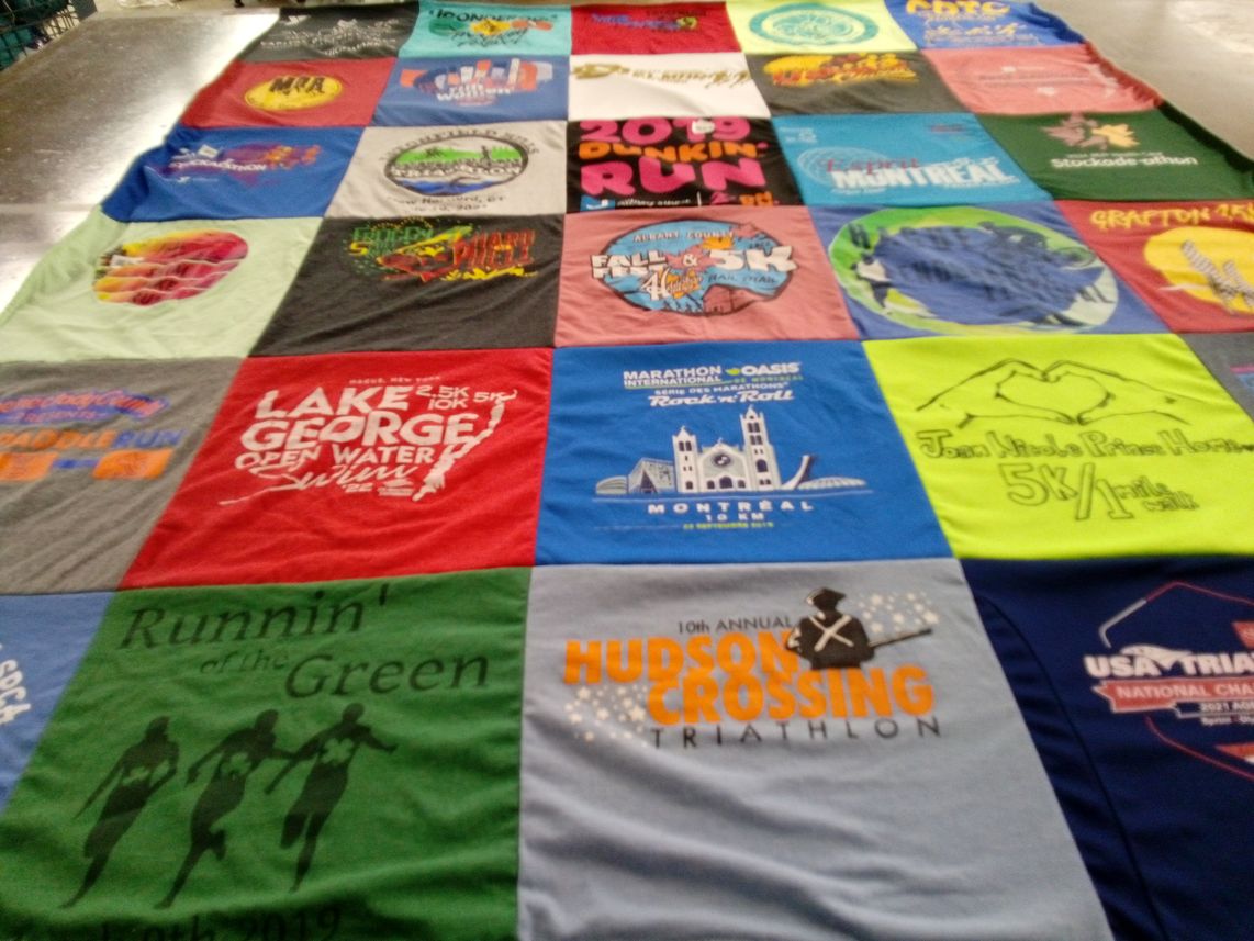 T-shirt quilt with running, triathlon themes by nicola from NY