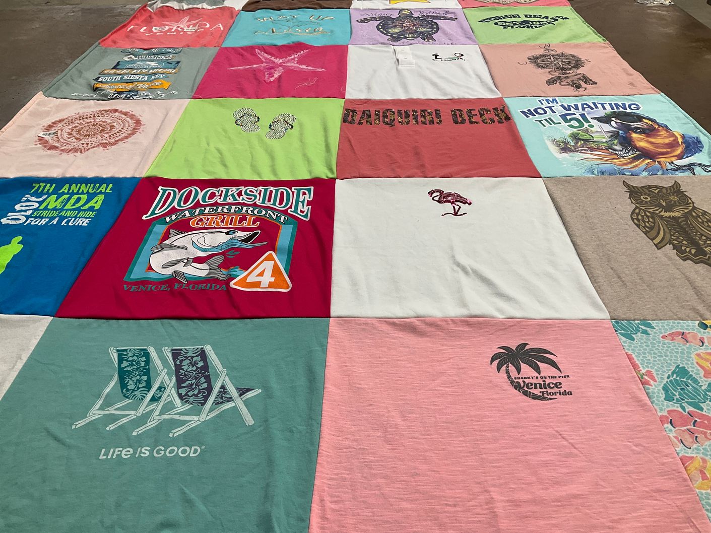 T-shirt quilt with beaches, vacations themes by Dana from MI