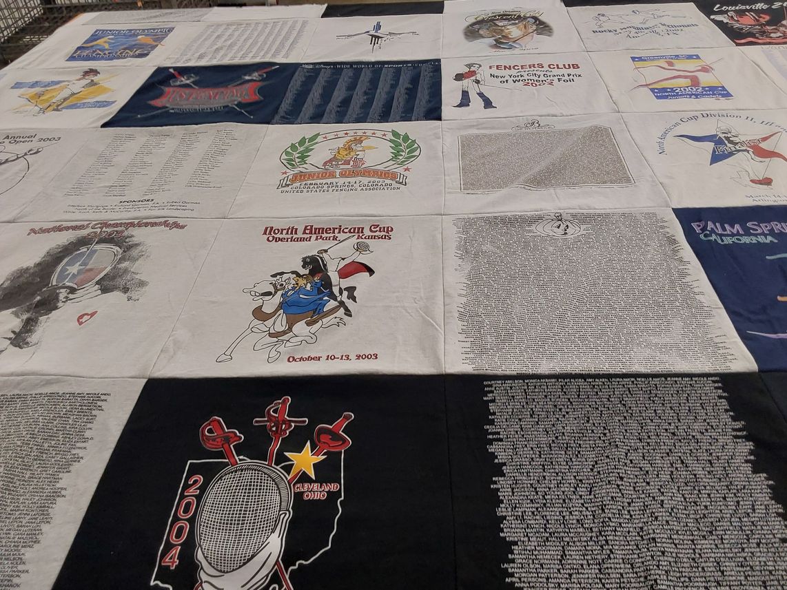 T-shirt quilt with fencing, sports themes by Lydia from CA