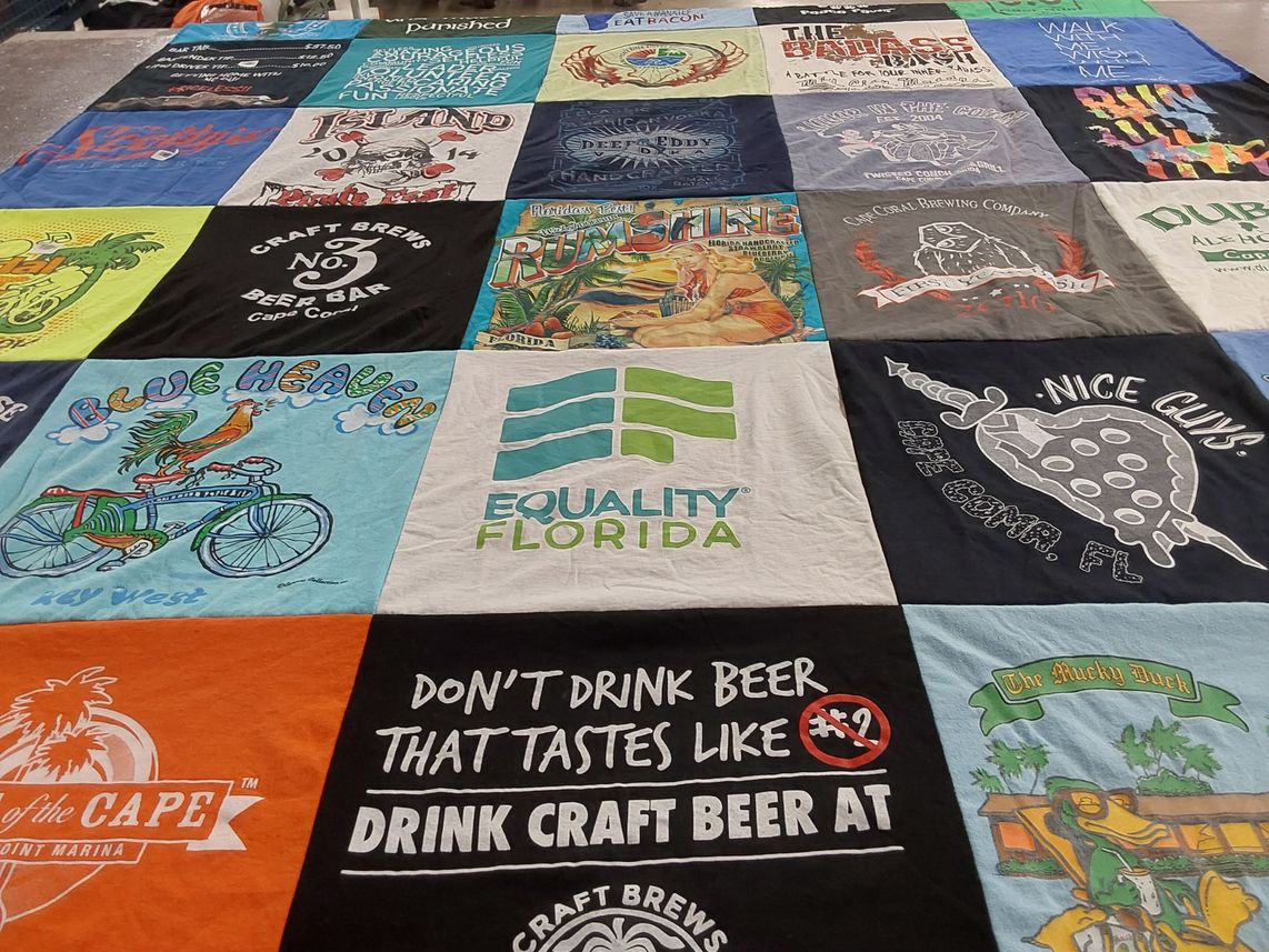 T-shirt quilt with craft beer, brewing themes by Kim from FL