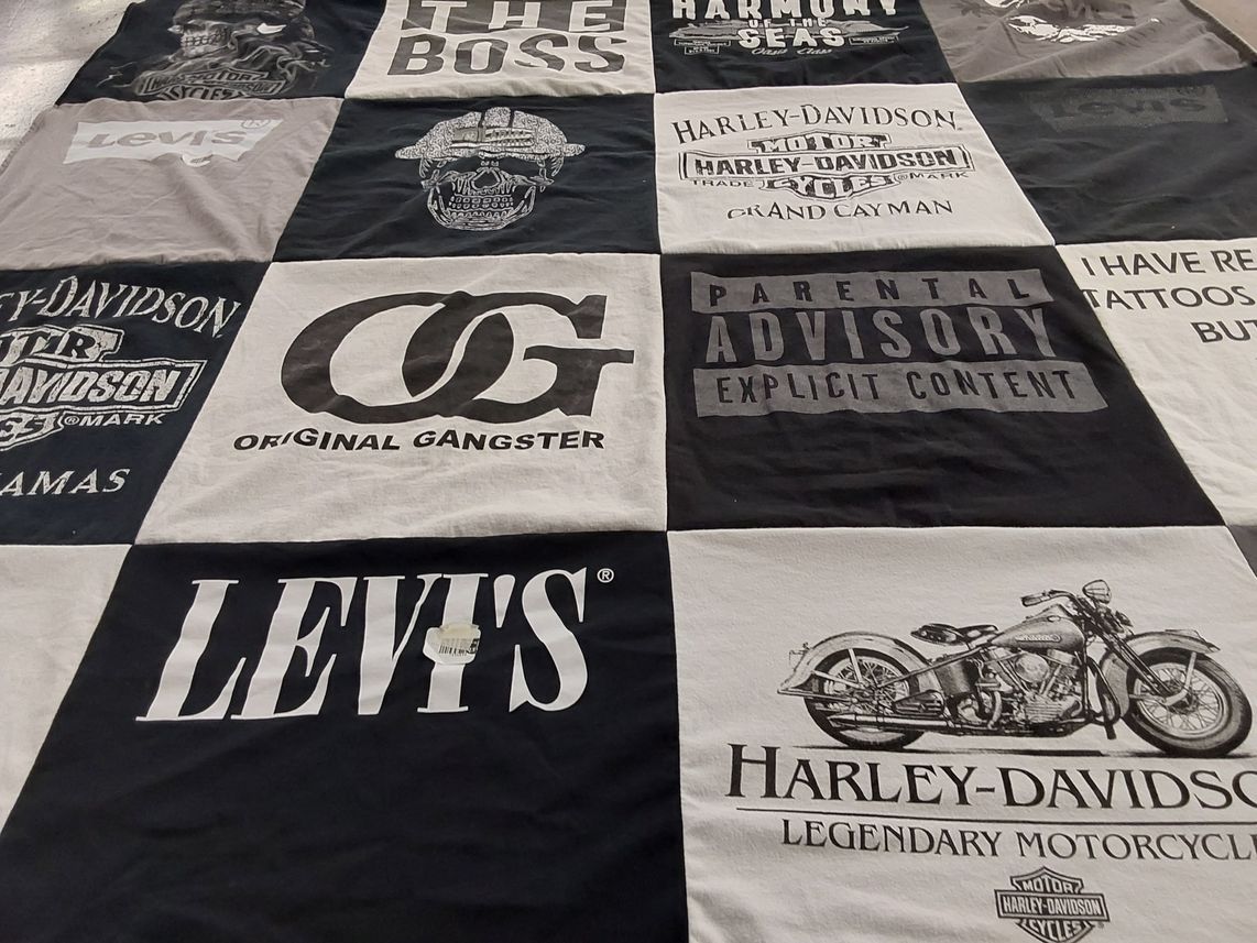 T-shirt quilt with motorcycles, tattoos themes by Janna from NC
