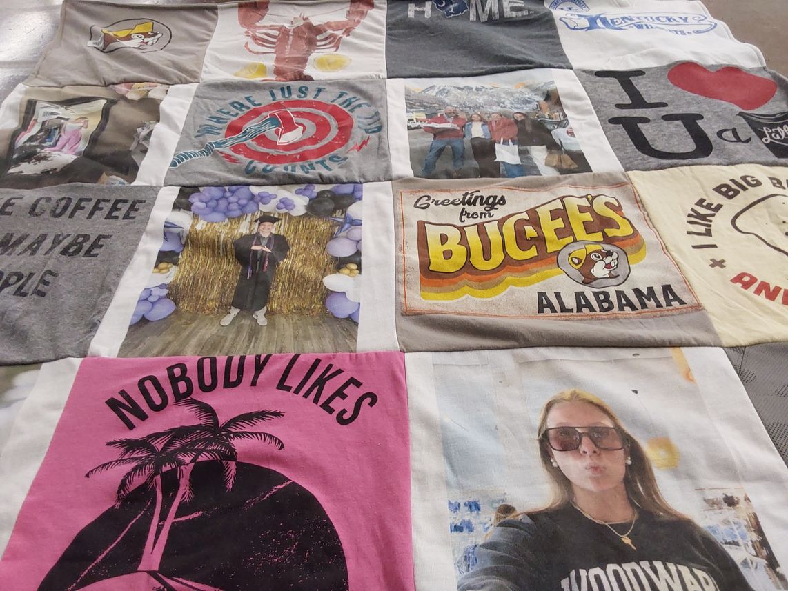 T-shirt quilt with graduation, travel themes by Barbara from SC