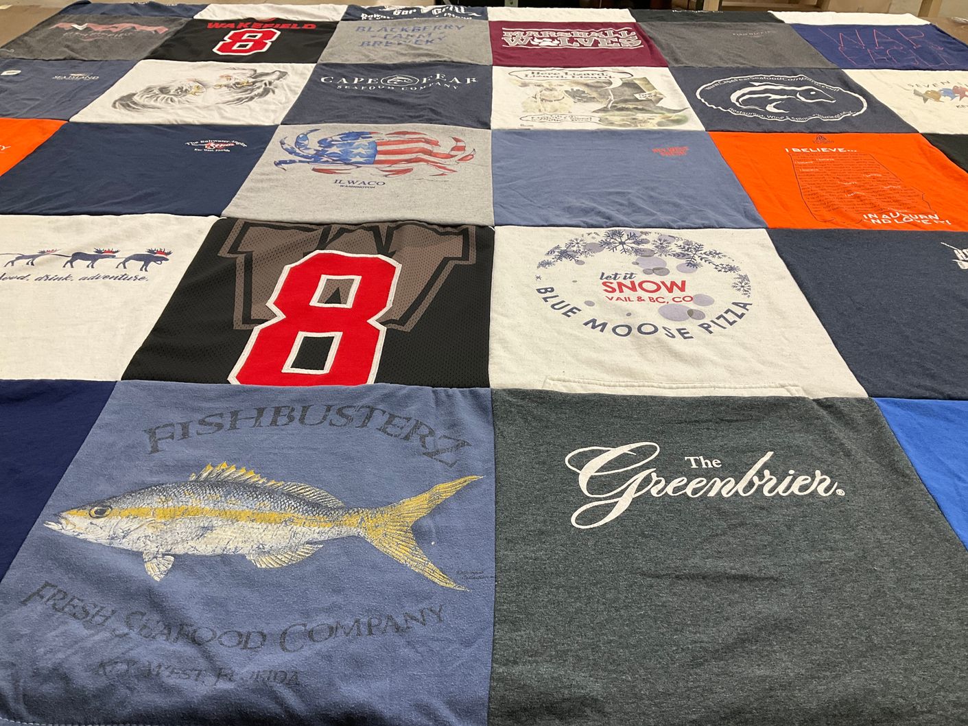 T-shirt quilt with seafood, cooking themes by Rex from VA