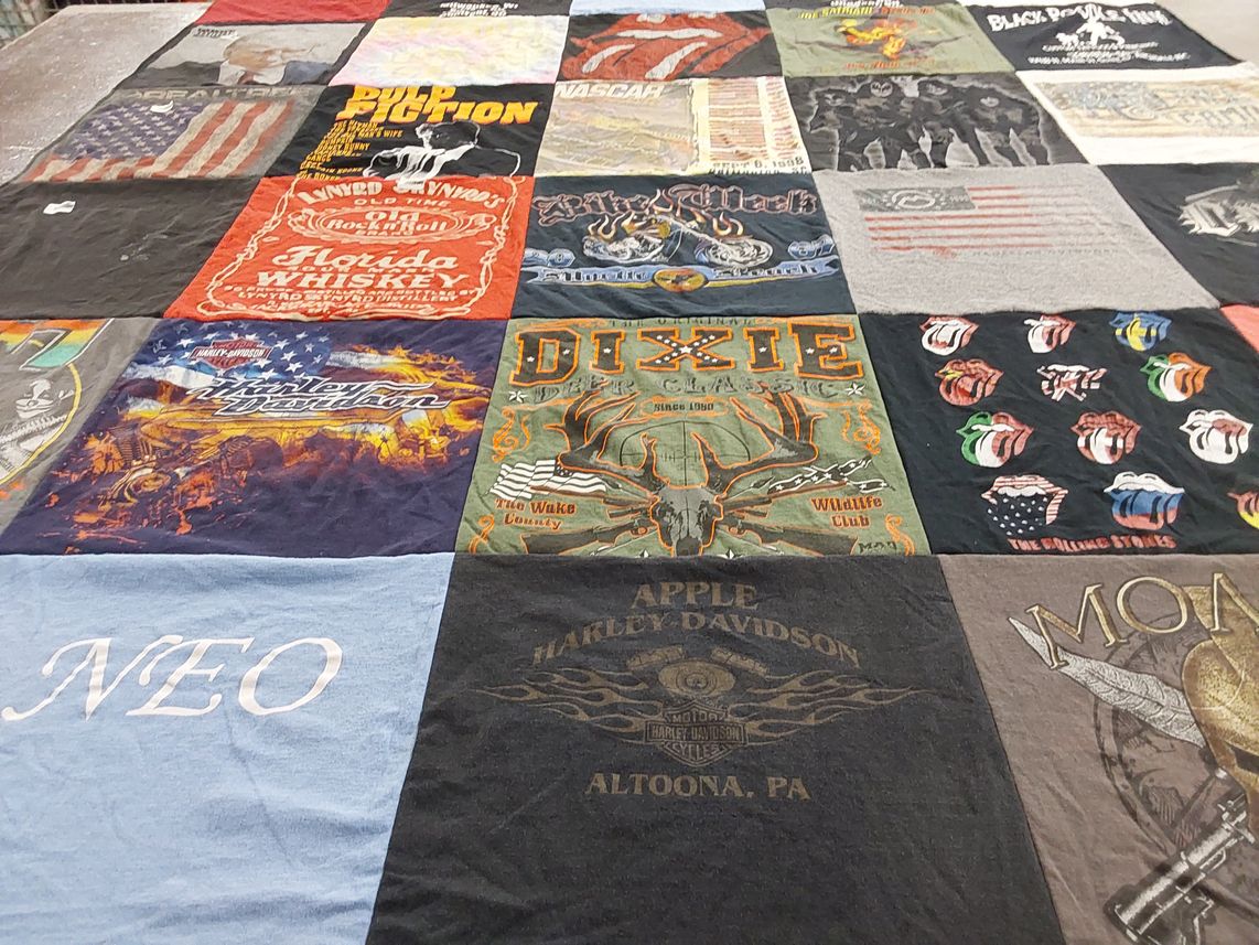 T-shirt quilt with motorcycles, whiskey themes by Hannah from NC