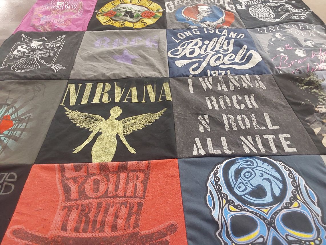 T-shirt quilt with music, rock themes by Dee from WI