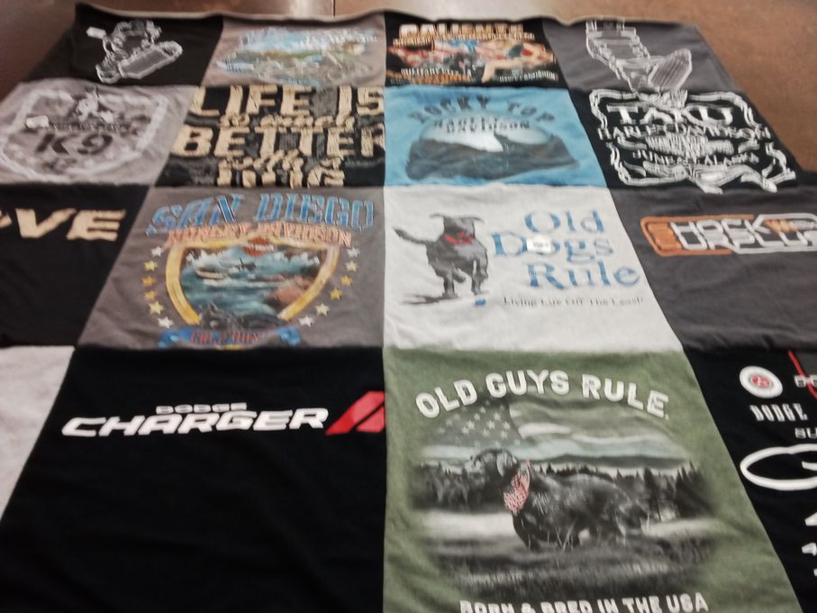 T-shirt quilt with dogs, motorcycles themes by Susan from CA