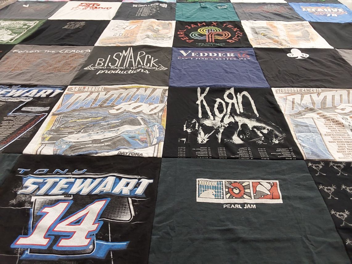 T-shirt quilt with music, racing themes by Meaghan from NY