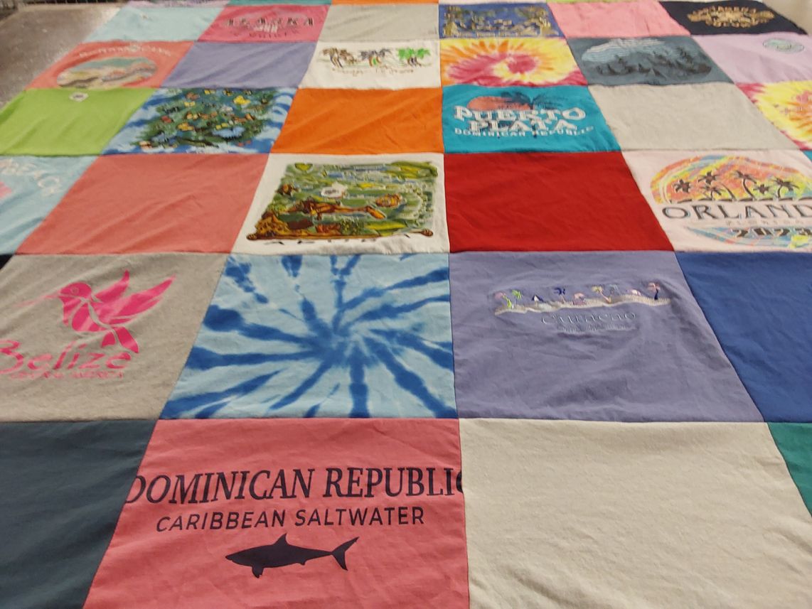 T-shirt quilt with travel, beach themes by Judy from MS