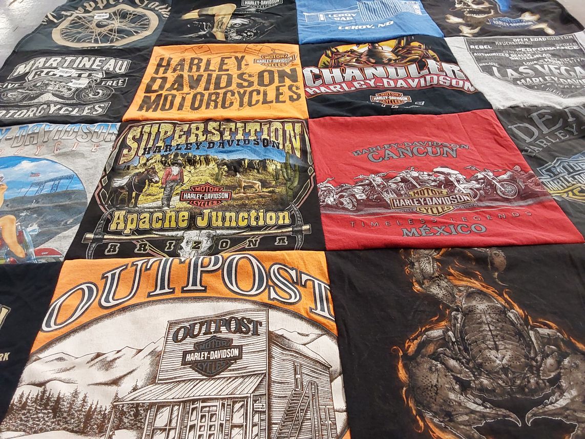 T-shirt quilt with motorcycles, travel themes by Lisa from ND