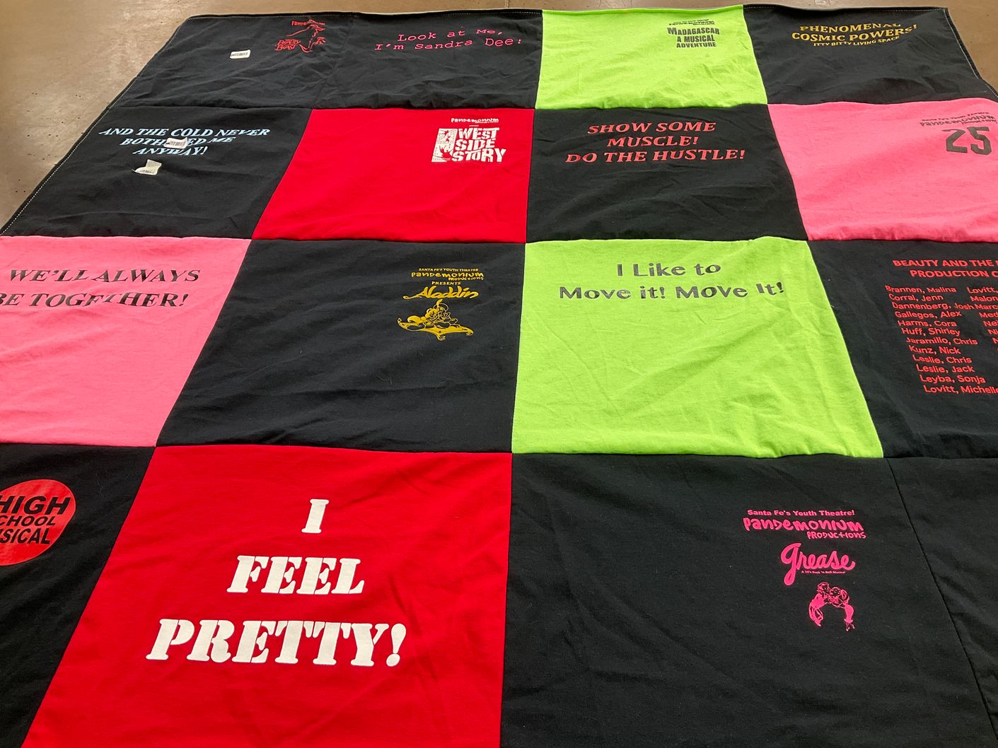 T-shirt quilt with theater, musical themes by Diana from NM
