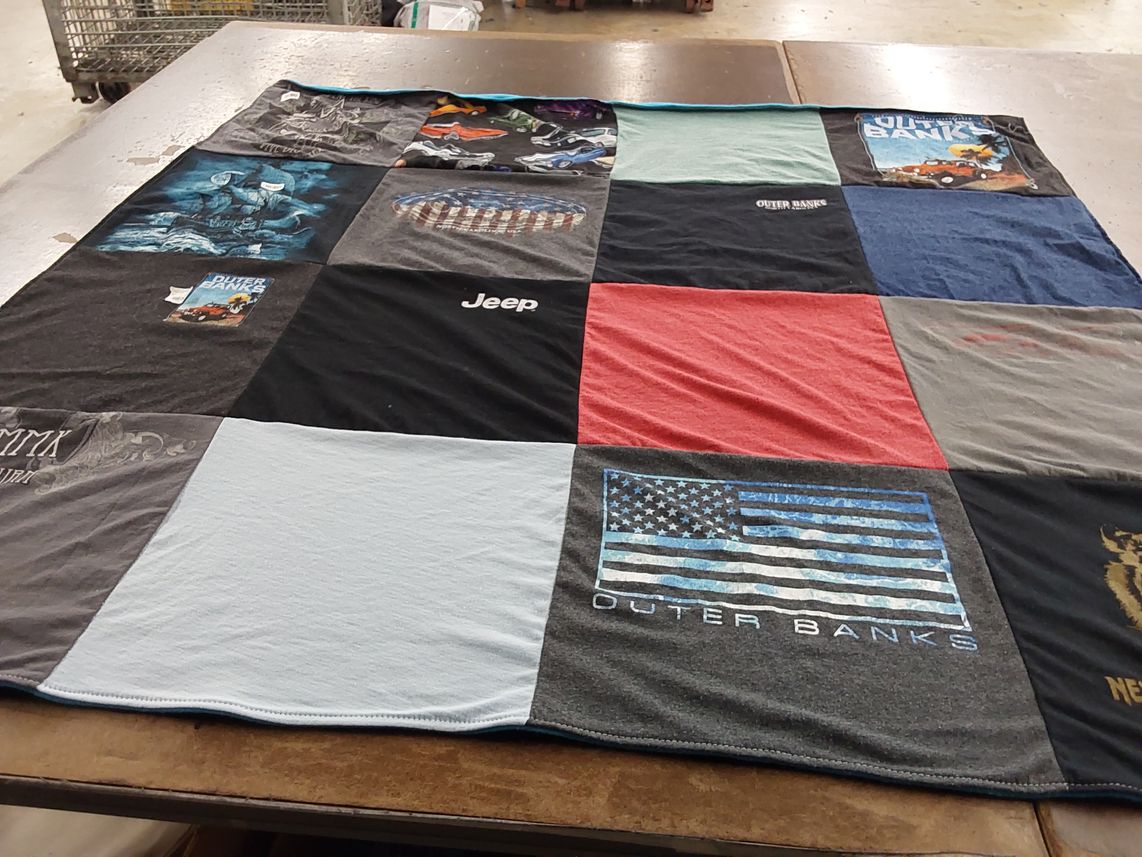T-shirt quilt with outdoor activities, travel themes by Carey from NC