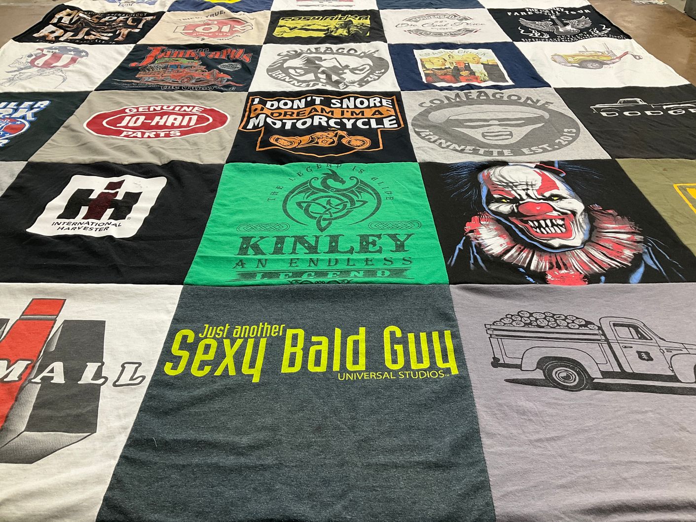 T-shirt quilt with motorcycles, farming themes by Craig from PA