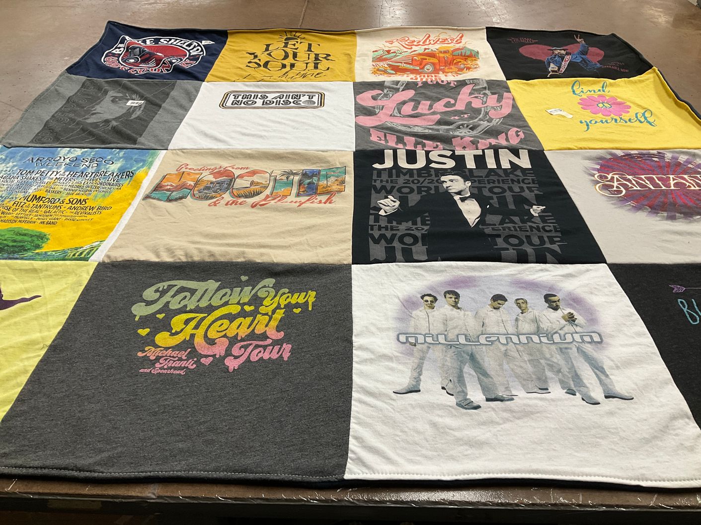 T-shirt quilt with music, concerts themes by Emily from UT