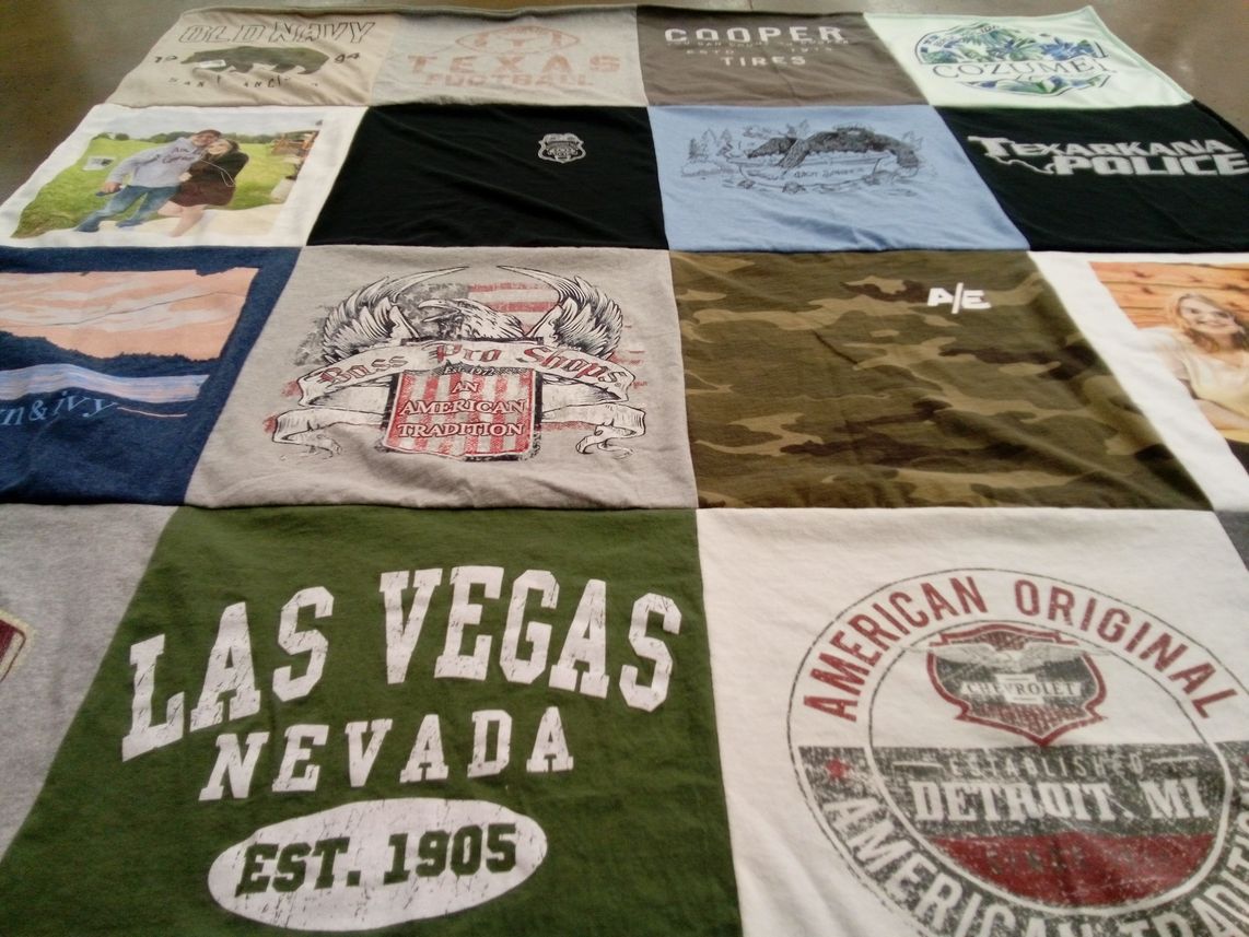 T-shirt quilt with travel, outdoor activities themes by Becky from TX