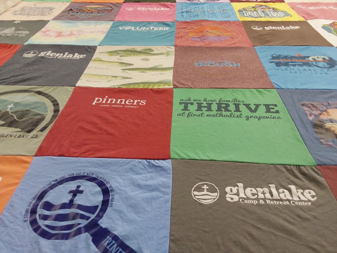 T-shirt quilt with camping, retreats themes by Carly from TX