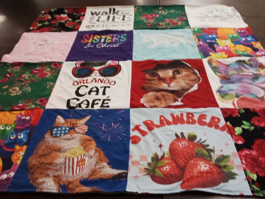 T-shirt quilt with cats, community themes by Joanna from FL