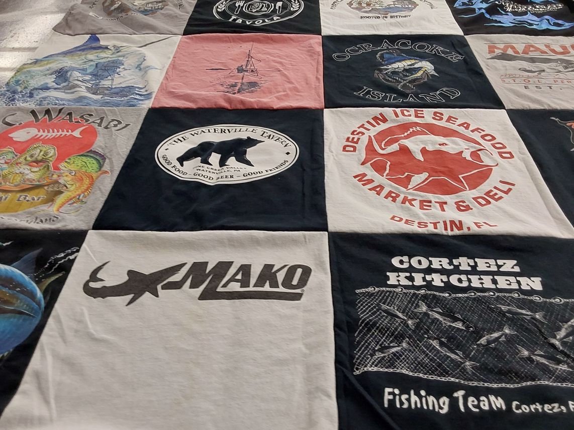 T-shirt quilt with seafood, fishing themes by Heather from PA