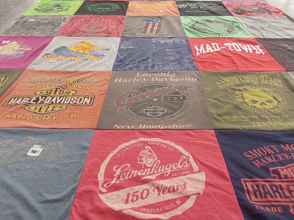 T-shirt quilt with motorcycles, breweries themes by Dana from WI