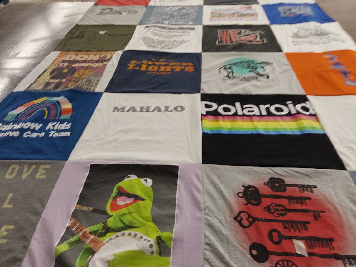 T-shirt quilt with collecting, music themes by Kathryn from UT