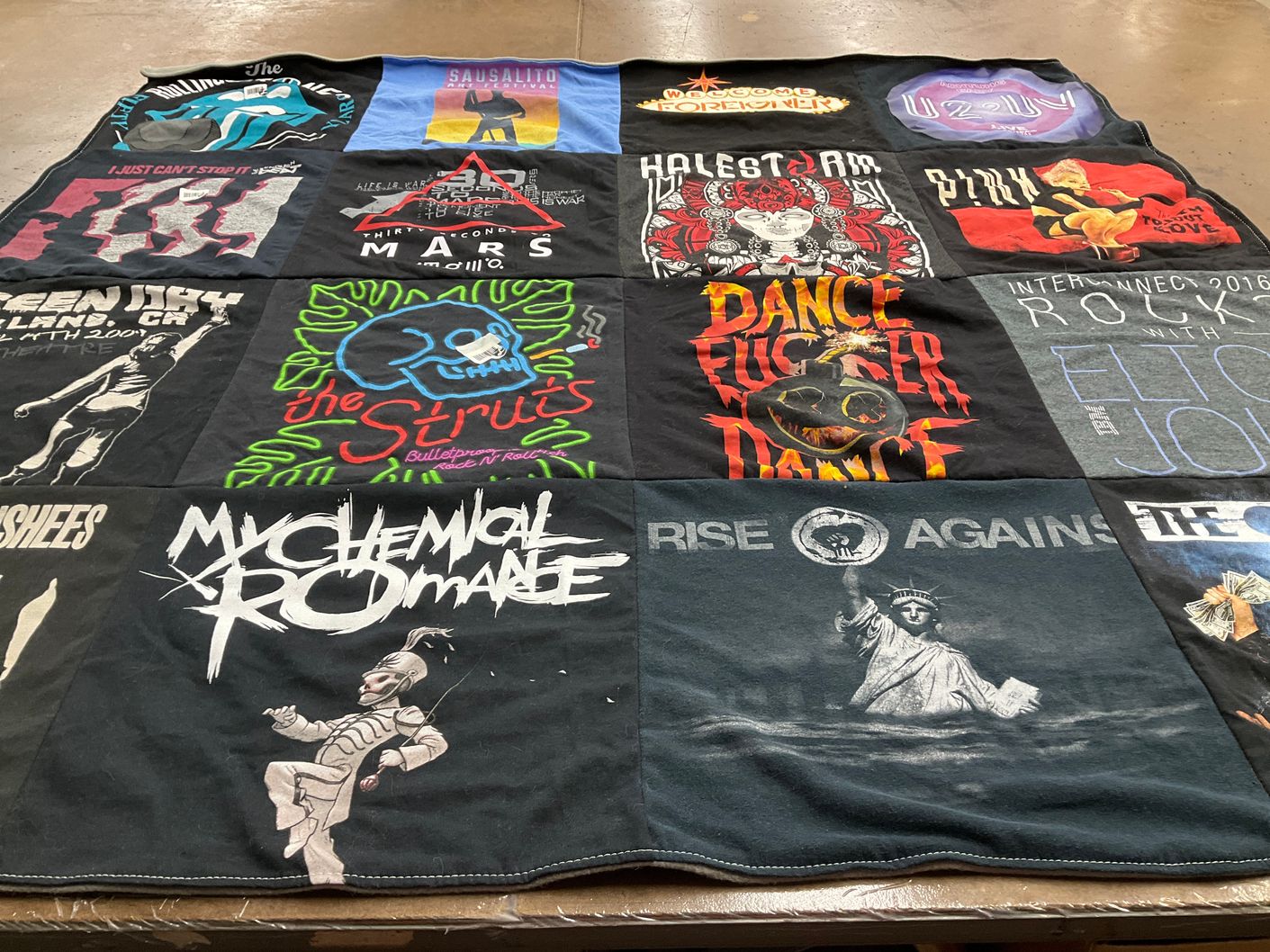 T-shirt quilt with music, rock themes by JP from AZ