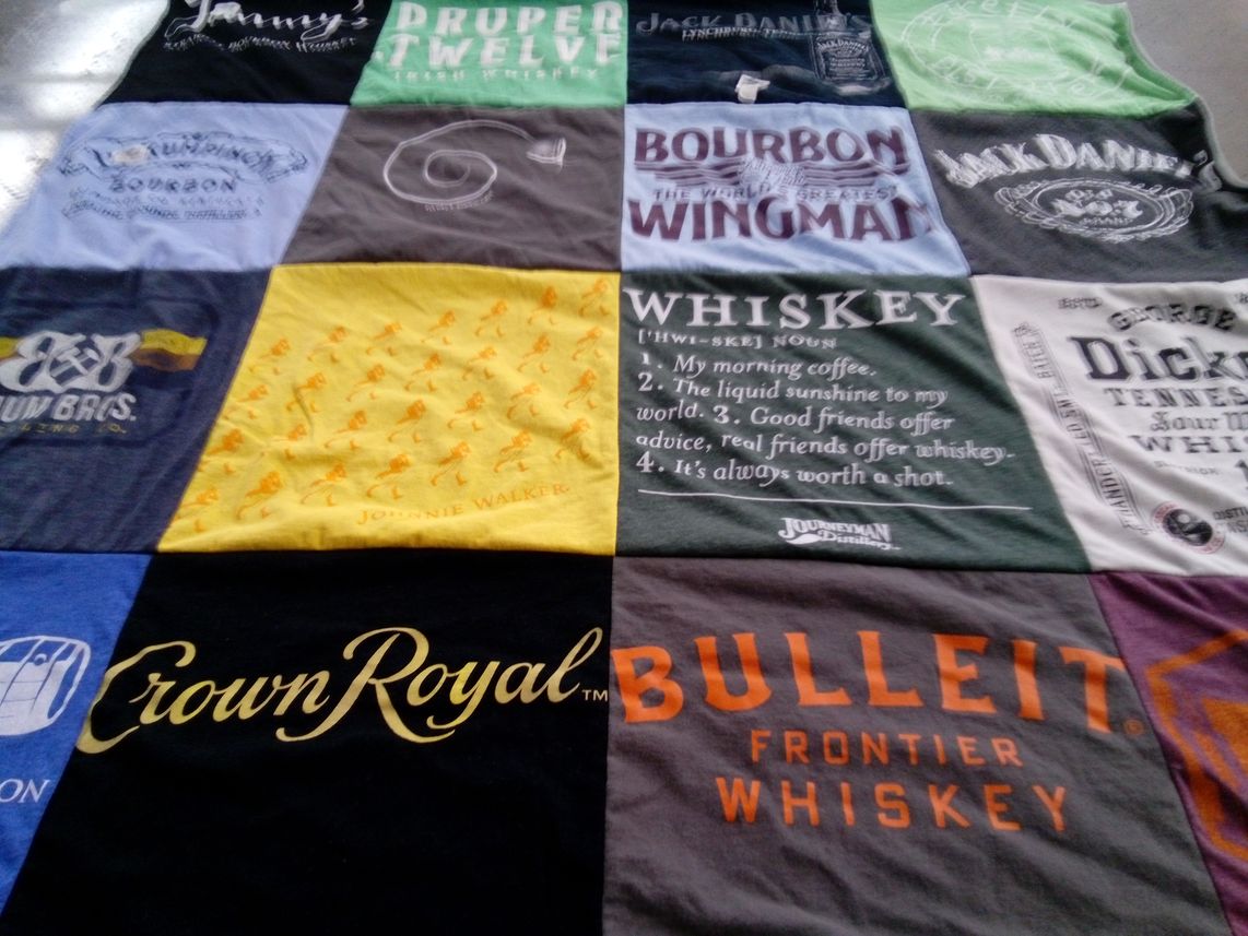 T-shirt quilt with whiskey tasting, bourbon themes by Jane from TN