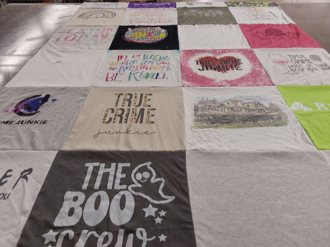 T-shirt quilt with true crime, ghosts themes by Kortney from MS