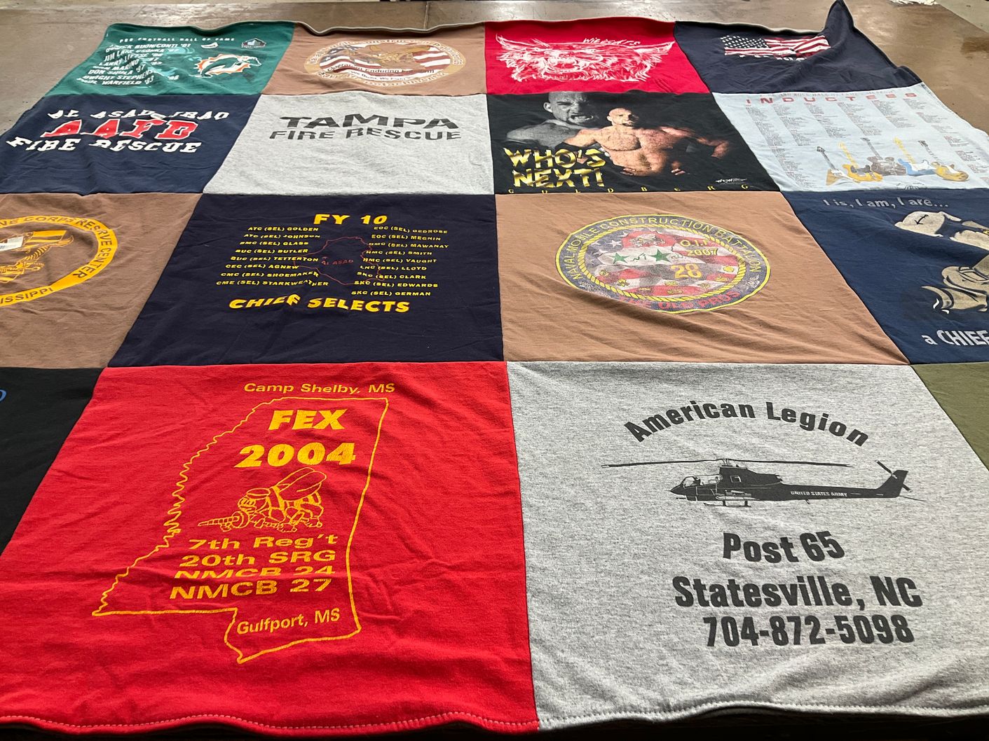 T-shirt quilt with military, firefighting themes by Wallace from GA