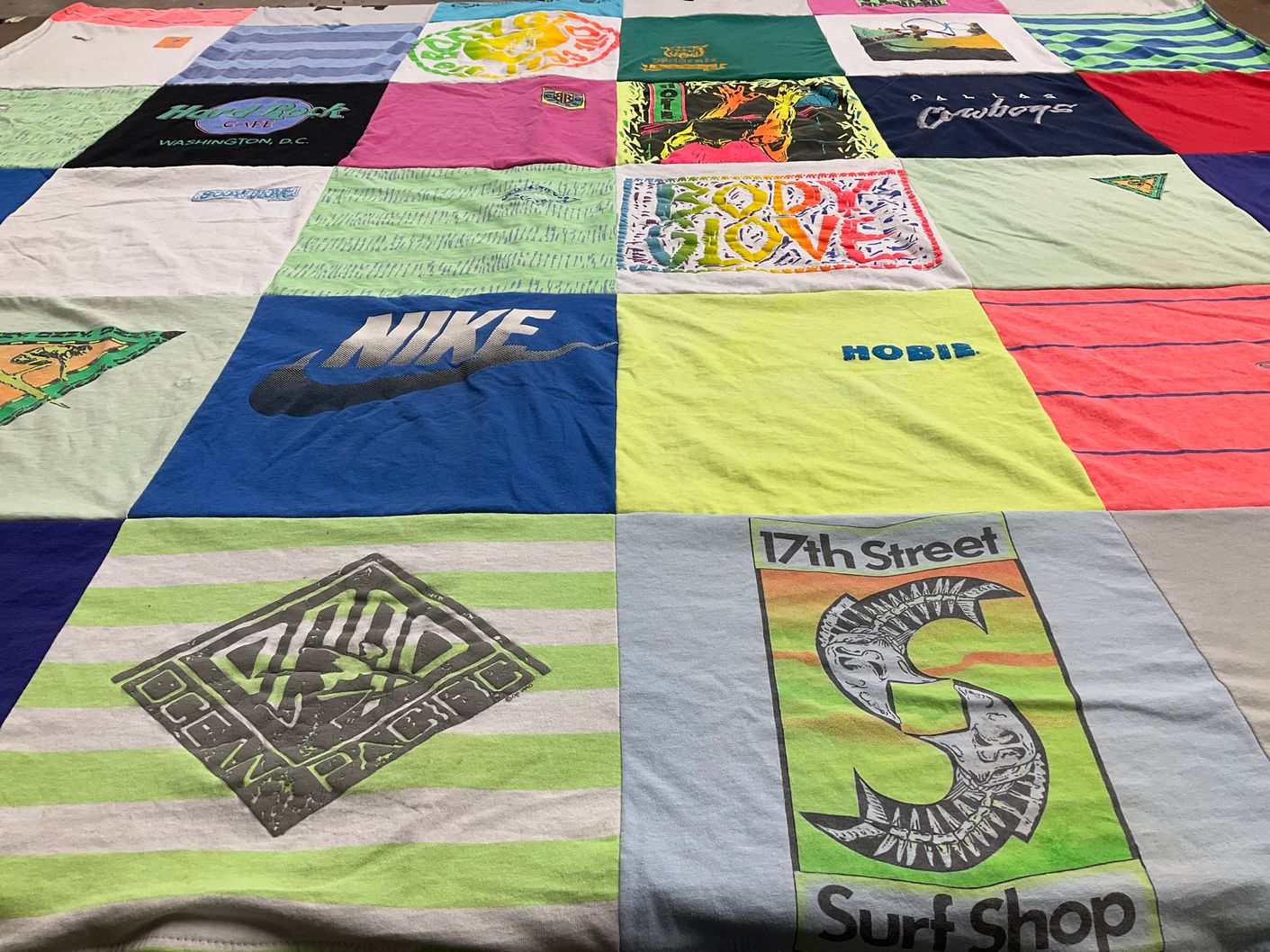 T-shirt quilt with surfing, beaches themes by Kathleen from NC